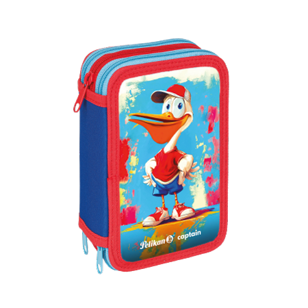 La Mascotte Pelikan® Astuccio 3 zip è caratterizzata da cerniere rosse e blu e da un pellicano cartoon con berretto rosso, camicia, pantaloncini blu e scarpe da ginnastica su un vivace sfondo astratto.