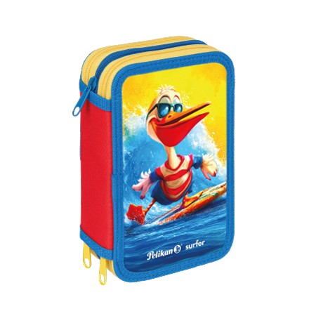 La Mascotte Pelikan® astuccio 3 zip è caratterizzata da un pellicano cartoon con occhiali da sole che fa surf su un'onda, lati rossi, bordi blu, cerniere gialle e marchio Pelikan surfer sul fondo.
