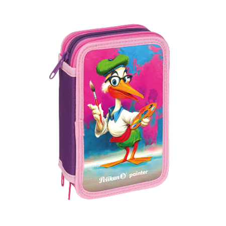 L'astuccio Mascotte Pelikan® raffigura un colorato pellicano cartoon con occhiali, berretto verde e pantaloncini, che tiene in mano un pennello e una tavolozza su un vivace sfondo rosa e blu con bordi viola e rosa.