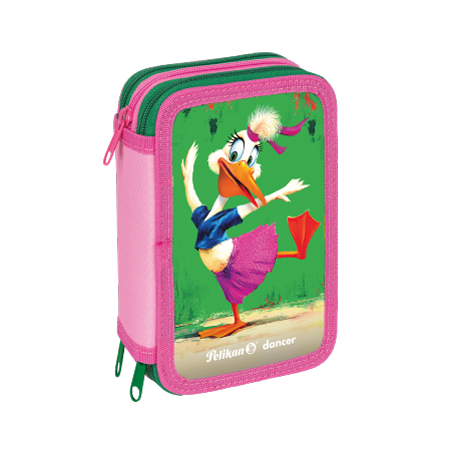 Un vivace astuccio Mascotte Pelikan® con tre cerniere, bordi rosa e un'anatra ballerina pellicano con gonna viola e top blu su sfondo verde. Presenta la parola "ballerina" e il logo Pelikan® sul davanti.