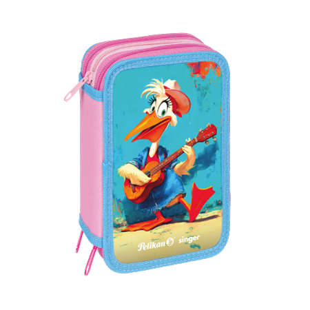 L'astuccio Mascotte Pelikan® ha i lati rosa, le finiture blu e un pellicano con cappello che suona la chitarra. La scritta "Pelikan singer" è stampata sul davanti.