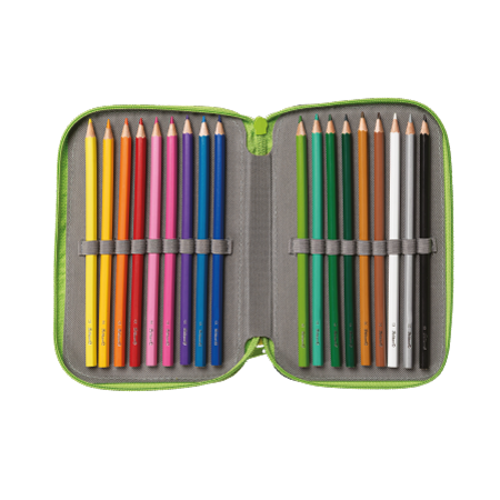 Un astuccio aperto Pelikan® Astuccio 3 zip con 18 matite colorate disposte su due file, che mostrano una varietà di colori come giallo, rosso, blu, verde, marrone, nero e bianco.