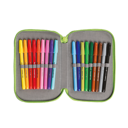 Pelikan® astuccio 3 zip contiene 18 pennarelli colorati su due file, con tonalità come il giallo, l'arancione, il rosso e altro ancora, ogni penna ordinatamente fissata da cinghie elastiche.