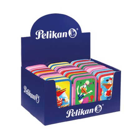 Una scatola display blu contiene gli astucci rettangolari Mascotte Pelikan®, con pellicani cartoon in pose giocose sui coperchi.