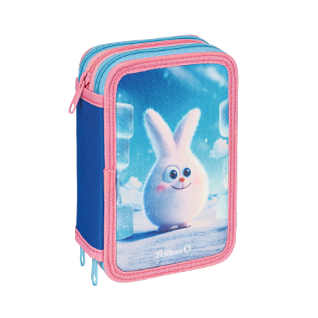 Un astuccio rettangolare Monsters Pelikan® con lati blu, bordi rosa e un simpatico coniglietto bianco con guance rosa e occhi grandi in piedi sul ghiaccio