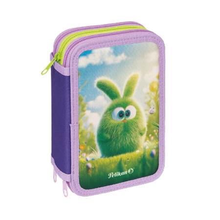 L'astuccio Monsters Pelikan® presenta un design viola e lavanda, due cerniere verdi e una simpatica creatura verde con le orecchie da coniglietto su uno sfondo esterno colorato. Il logo Pelikan è riportato sulla parte anteriore.