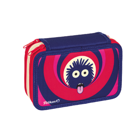 L'astuccio Monsters Pelikan® è rettangolare con tre scomparti, lati blu, cerniere rosse e una creatura nera su uno sfondo a spirale rosso-rosa, oltre al logo Pelikan nell'angolo.