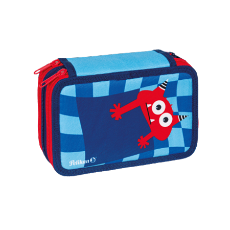 L'astuccio rettangolare a 3 scomparti Monsters Pelikan® è caratterizzato da tonalità blu, un mostro rosso a fumetti con corna a strisce sul davanti, cerniere rosse e un bordo blu.