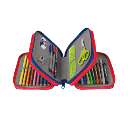 L'astuccio rosso e blu di Monsters Pelikan® si apre per rivelare pennarelli colorati, penne, matite, temperino, gomma, forbici e righelli verdi ben organizzati.