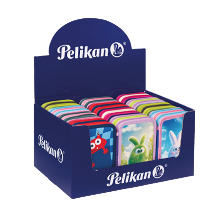 Un espositore Pelikan® blu contiene diversi astucci 3 zip Monsters Pelikan®, ognuna con disegni colorati