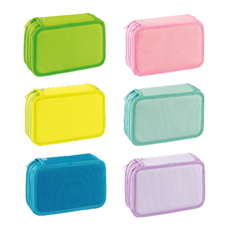 Sei astucci 3 zip con zip della collezione Pelikan&reg; Pastel & Neon sono disposte su due file. I colori sono verde, rosa, giallo, verde menta, blu e lavanda. Ognuna ha angoli arrotondati e una superficie strutturata.