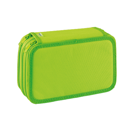 Un astuccio rettangolare con cerniera di colore verde brillante, con tessuto strutturato e angoli arrotondati, ispirato al Pelikan® Pastel & Neon, presentato su uno sfondo chiaro.
