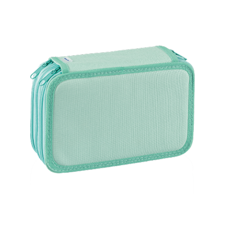 Un astuccio rettangolare con cerniera verde chiaro ispirato alla Pelikan® Pastel & Neon, con pannello frontale testurizzato e cuciture a vista, su sfondo bianco.