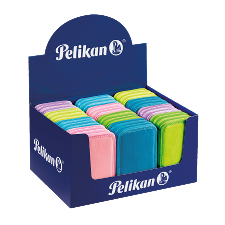 Un display blu Pelikan contiene astucci rettangolari pastello e neon, perfette da abbinare ai prodotti Pelikan® Pastel & Neon.