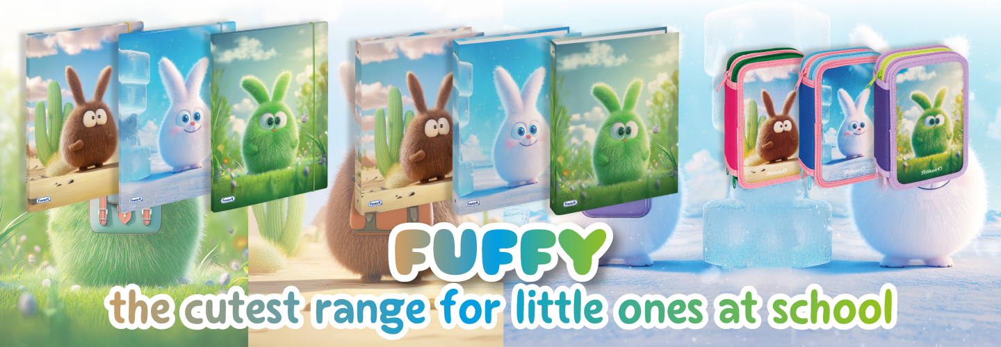 Four notebooks and three pencil cases featuring fluffy animal characters (brown, green, and white) are displayed on a pastel, dreamy background. Bold text reads, “FUFFY the cutest range for little ones at school.”.