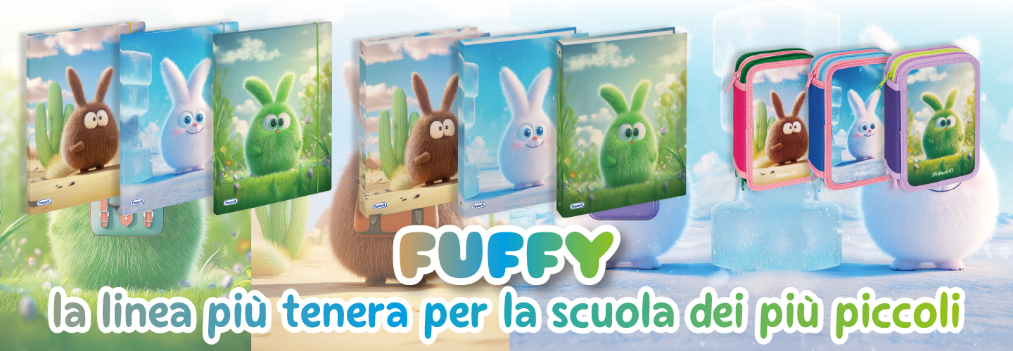 Tre soffici animali dei cartoni animati (coniglietto marrone, coniglietto bianco, creatura verde) sono raffigurati su quaderni e astucci, con sfondi pastello. Il testo recita: Fuffy, la linea pi&ugrave; tenera per la scuola dei pi&ugrave; piccoli.