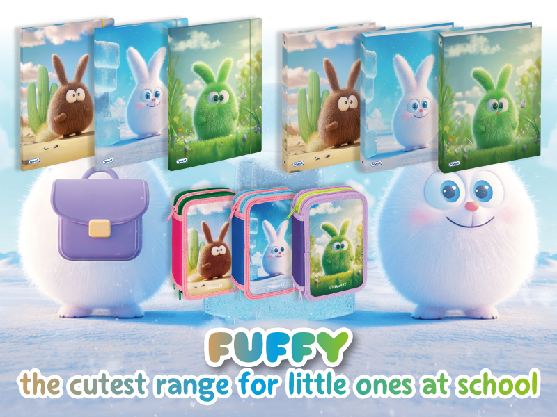 A variety of colorful school supplies featuring cute, fluffy bunny characters in brown, green, and white; includes notebooks, backpacks, pencil cases, and a large smiling white bunny on snowy ground, with the text: “PUFFY the cutest range for little ones at school.”.