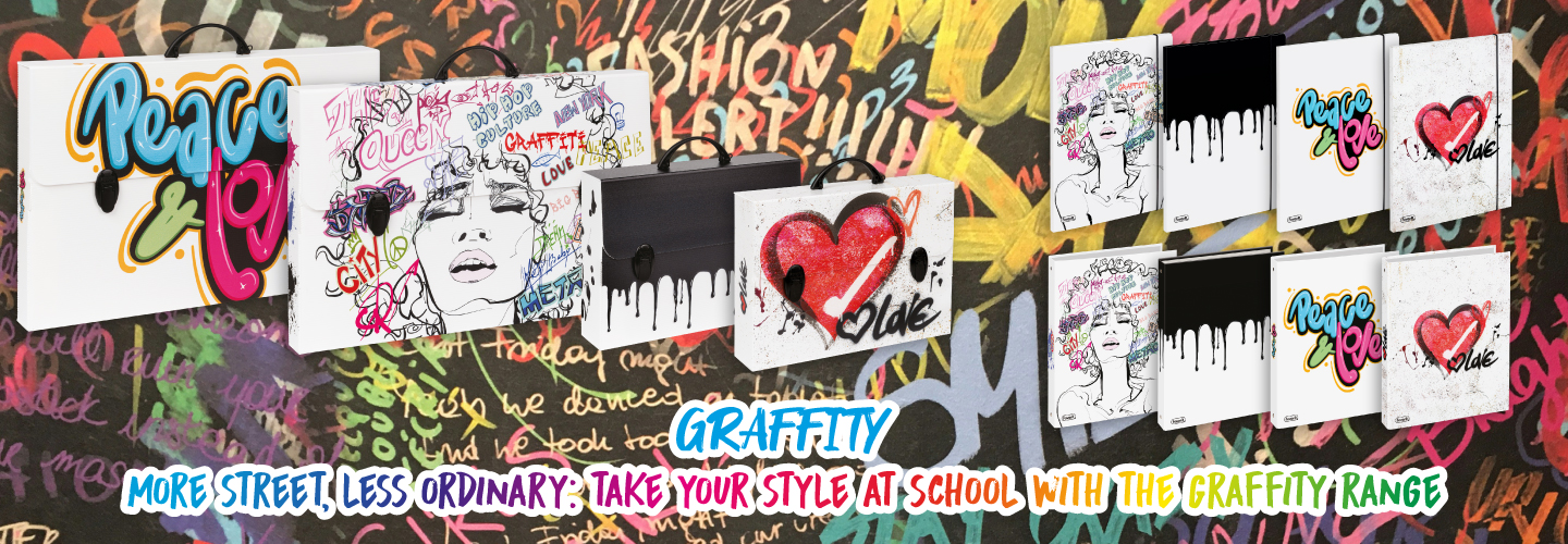 A colorful display of school supplies with graffiti-style designs, including images of hearts, faces, and bold text. The background features vibrant graffiti art. Text reads: More street, less ordinary: Take your style at school with the Graffity range.