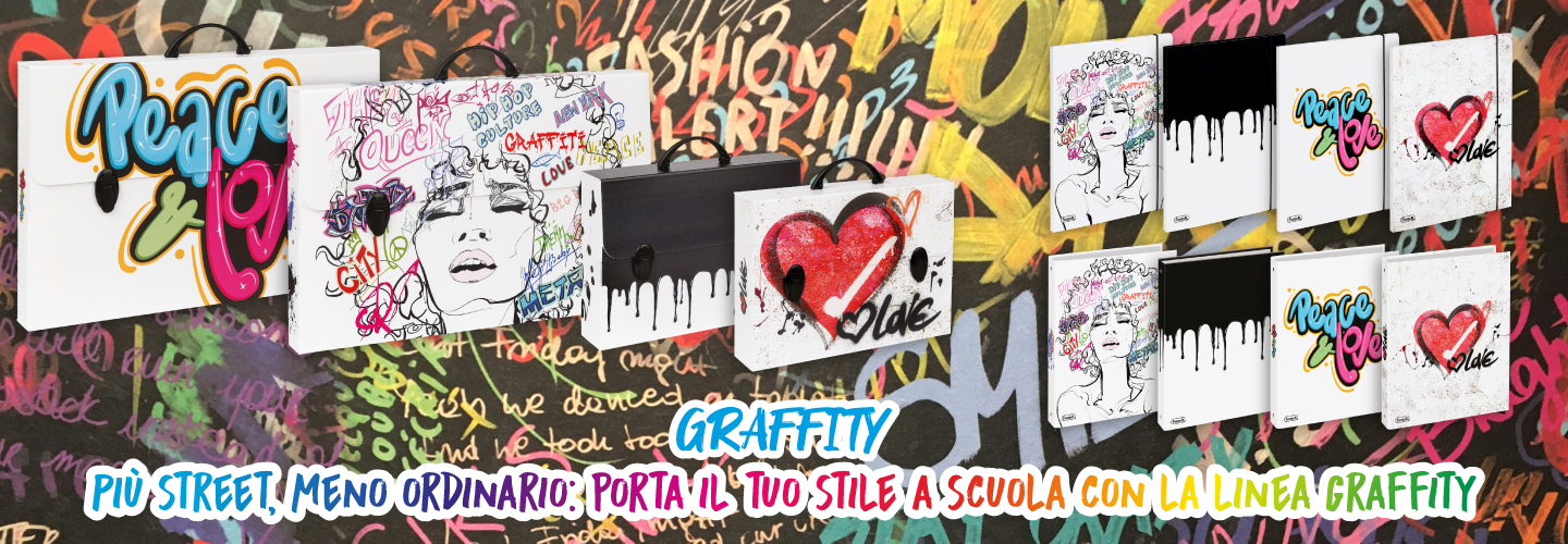 Borse e cartelle con disegni in stile graffiti, tra cui testi colorati, cuori e facce, sono esposte su un vivace muro di graffiti. Il testo dice: Pi&ugrave; street, meno ordinario: porta il tuo stile a scuola con la linea Graffety.