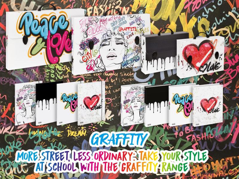 A collection of school supplies with graffiti-style designs, including hearts, faces, and the words Peace & Love, displayed over a colorful, graffiti-covered background. Text: “GRAFFITY: More street, less ordinary.”.