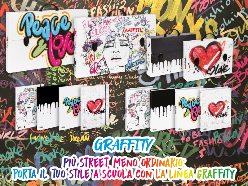 Un collage colorato di materiale scolastico in stile graffiti con disegni artistici e audaci che raffigurano cuori, volti e le parole Peace & Love. Il testo in italiano promuove l'introduzione di uno stile street unico a scuola con la collezione Graffity.