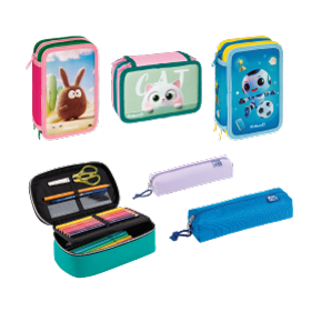 Six colorful pencil cases are displayed, some open showing School and Office Stationery Supplies like pencils and scissors, while others are closed with designs such as a bunny, a cat, and a robot