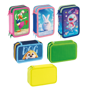 Five colorful pencil cases are displayed, three featuring animated animal characters and two in solid green and yellow. Each has a double-zipper design and stands upright against a white background.