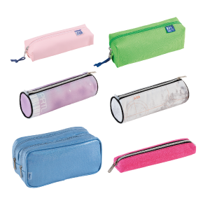 Six pencil cases in various shapes and colors, including pink, green, purple, white, blue, and dark pink, displayed on a plain white background. Some are rectangular while others are cylindrical.