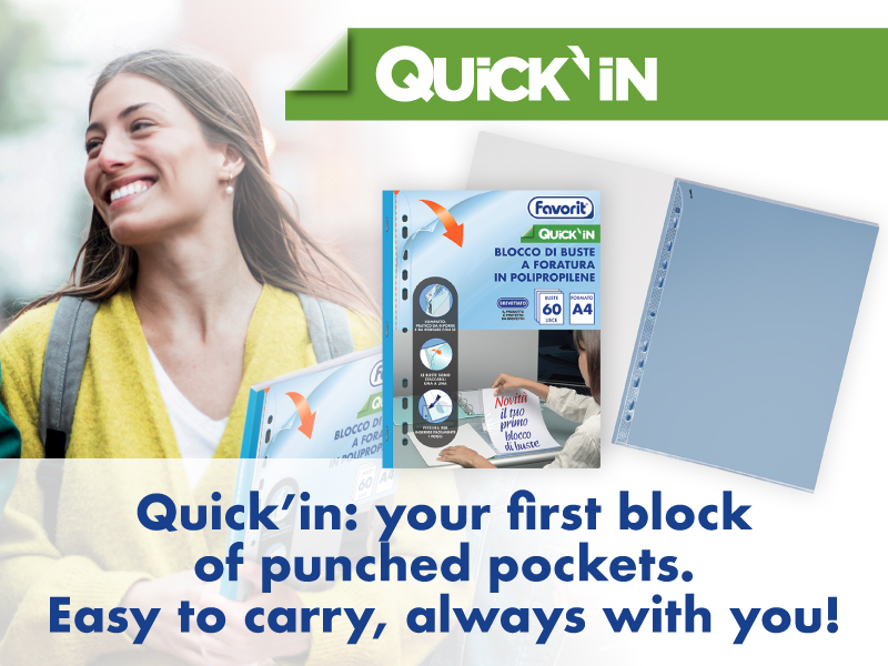 A smiling woman carries a folder containing Quick’in punched pockets. The ad features images of the product and the text: Quick’in: your first block of punched pockets. Easy to carry, always with you!.