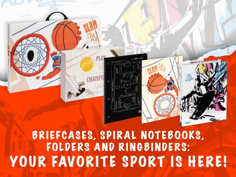 A collection of sports-themed briefcases, spiral notebooks, folders, and ring binders is displayed with basketball and soccer illustrations. Bold text below reads: Briefcases, spiral notebooks, folders and ringbinders: Your favorite sport is here!.