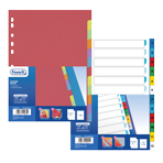 Divisori a schede colorati esposti in una confezione blu. Un set ha etichette bianche vuote e linguette colorate, mentre l'altro ha linguette multicolori sul lato di un foglio di copertina rosso.