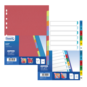 Red multi-tabbed binder dividers with numbered colored tabs, blank labels, and packaging showing product features. These are excellent home, school and office stationery supplies designed for organizing documents in binders.