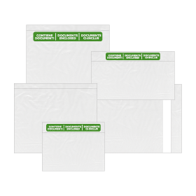 Five clear plastic document envelopes of various sizes are shown, each with a green label at the top that reads &ldquo;DOCUMENTS ENCLOSED&rdquo; in three languages. Perfect for School and Office Stationery Supplies or Excellent Home organization.